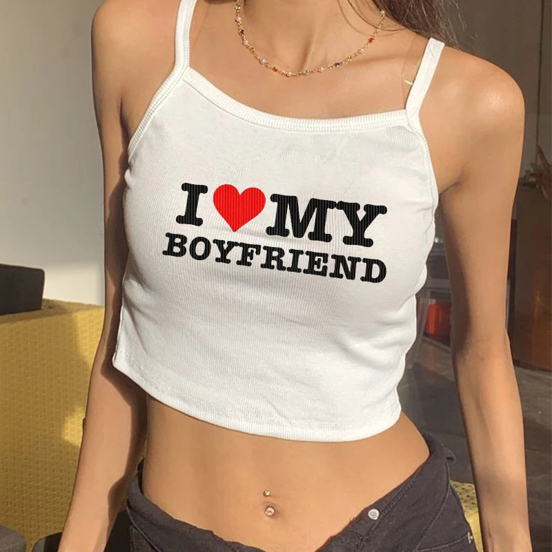 Y2k Summer Girl 2000s Crop Top I Love MY BOYFRIEND Graphic Sexy Sling Tank Top Korean Fashion Gothic Vintage Aesthetic Clothing