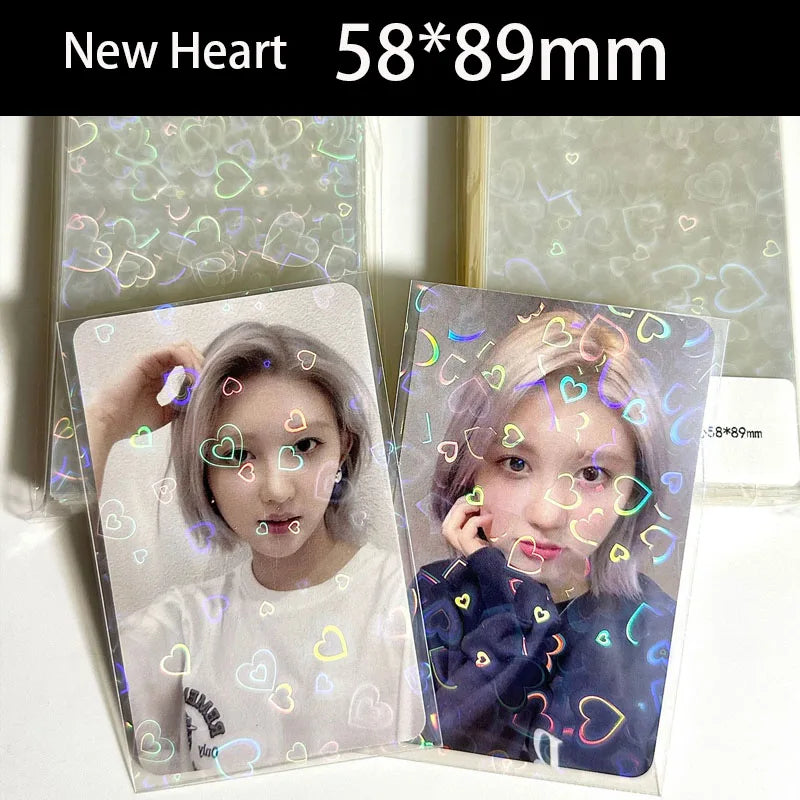 50PCS Laser Heart fireworks butterfly Flashing Holographic Transparent Clear Card Film Sleeves Super Idol Photo Protector Cover