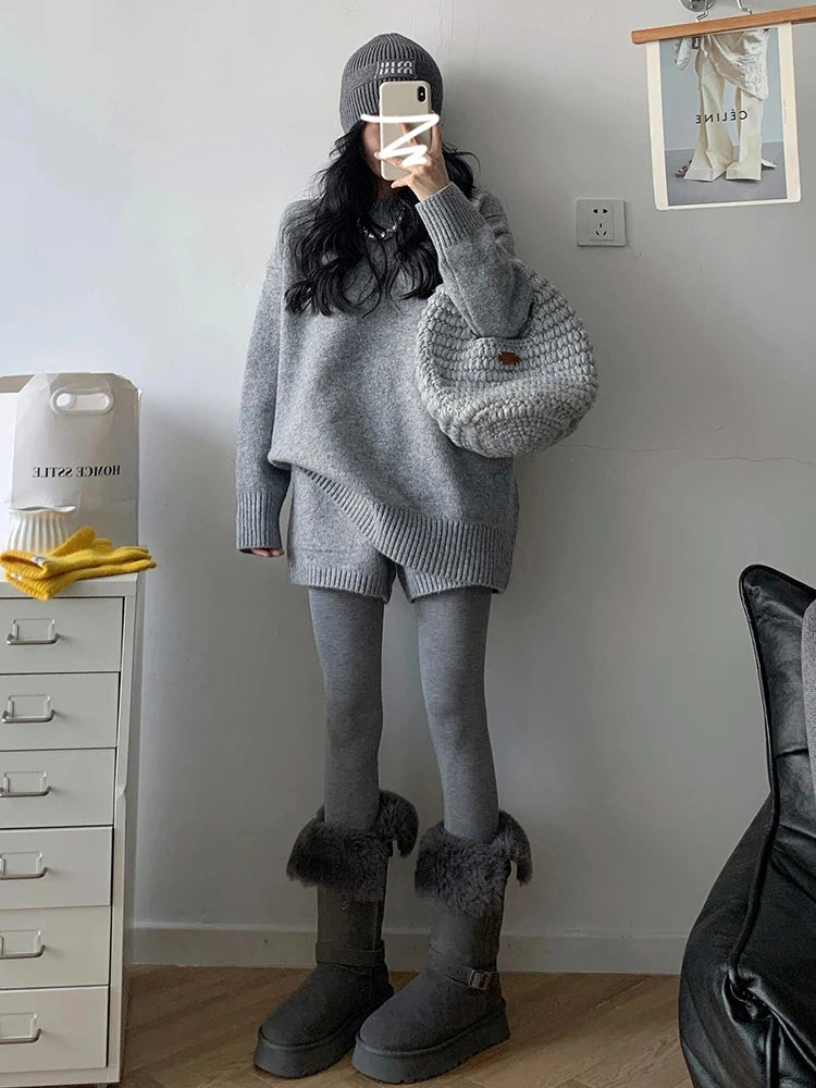 Women Oversized Grey Knit Co-ord Set Autumn Winter Soft Loungewear Minimalist Relaxed Fit Sweater & Shorts 2PCS Outfit Suit