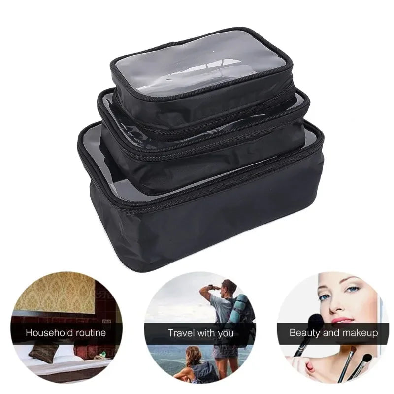 Waterproof Cosmetic Bag Transparent TPU Small Items Pack Makeup Toiletry Zipper Opening Storage Pouch Black Sturdy Wash Bags
