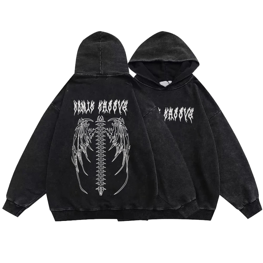Gothic Style Hoodies Vintage Washed Letter Cross Y2K Sweatshirts Hip Hop Streetwear Long Sleeve Pullover Oversized Harajuku Tops