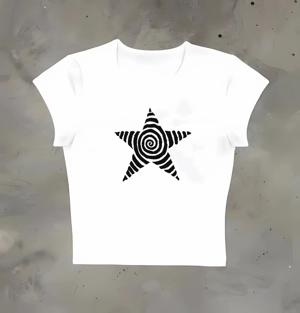 Y2k Crop Top Emo Girl Aesthetic Gothic Punk Streetwear Women Casual 90s Retro Grunge Star Pattern Printed Short Sleeved T-shirt
