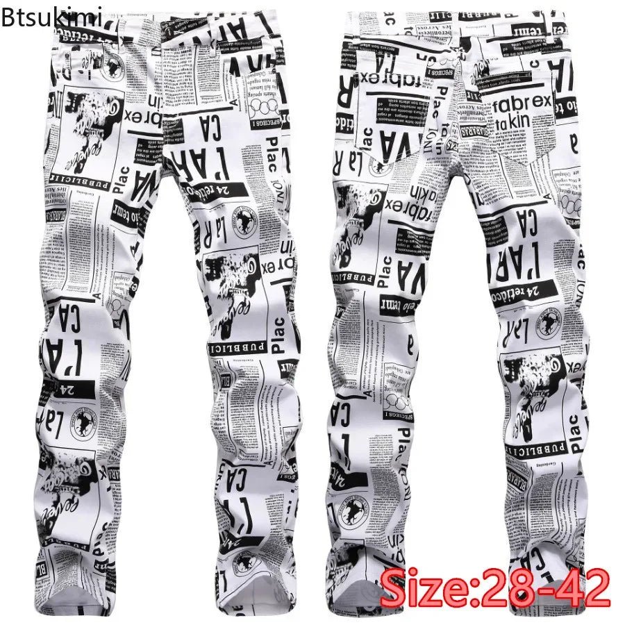 2026 Street Style Men’s Slim Stretch Jeans Trend Newspaper Full Print Personalized Stylish Sexy Denim Pants Men Casual Trousers