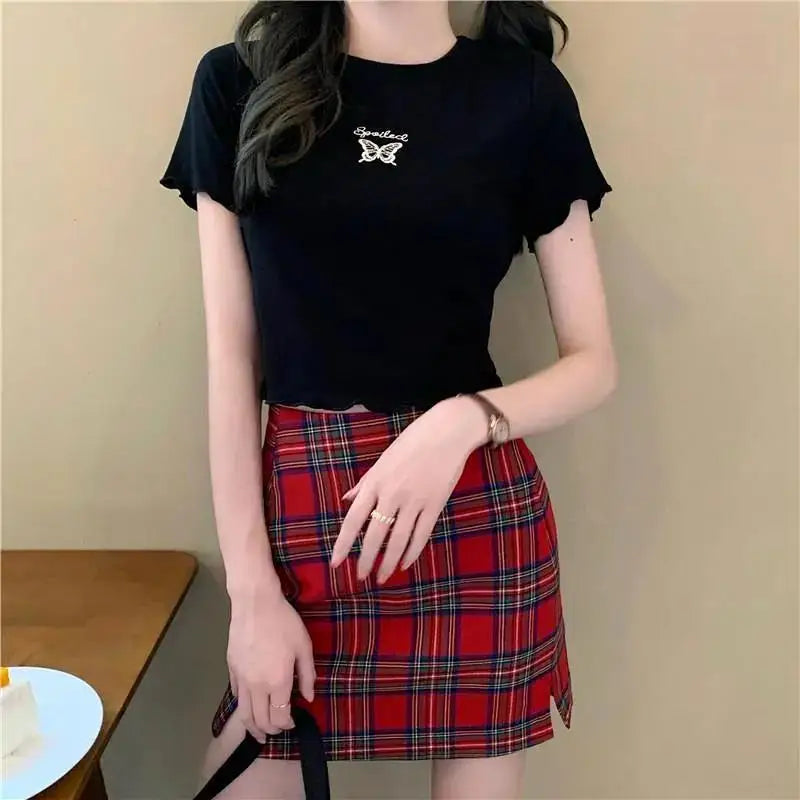 Y2K Crop Top T-shirt Women O-neck High Waist Slim Crop Top Butterfly Embroidered Short-Sleeved Tee Shirt T-shirts  Woman Clothes
