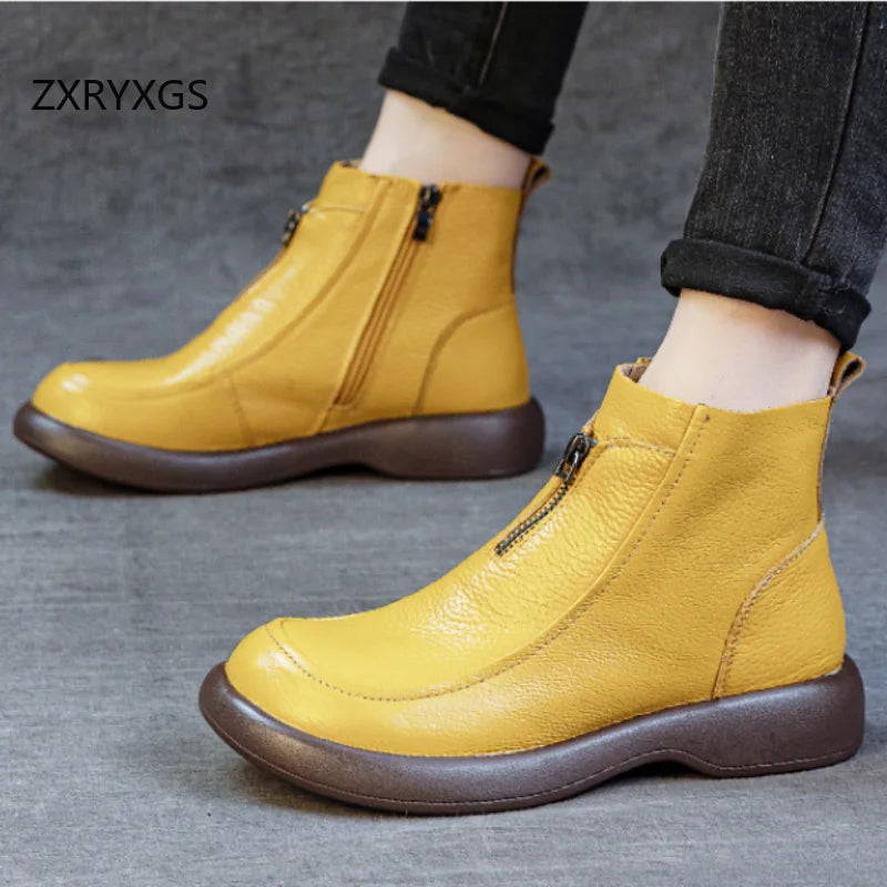 ZXRYXGS 2025 Autumn Winter Boots Women's Genuine Leather Boots Flat Heel Soft Sole Non-Slip Comfortable Short Boots Trendy Shoes