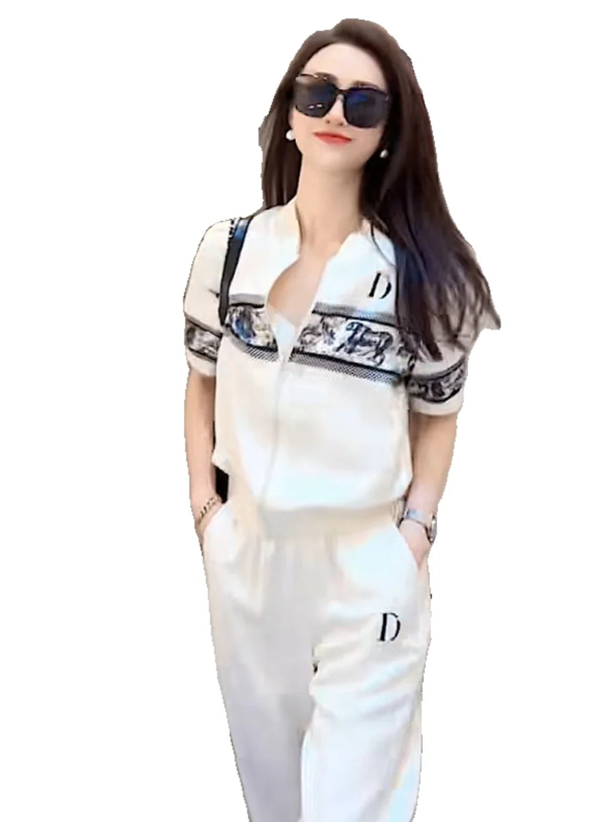 French Women Casual 2 Piece Sets Cool Ice Silk Comfortable Summer Zipper Short Sleeve Jacket Coat and Sweatpants Loose Sports