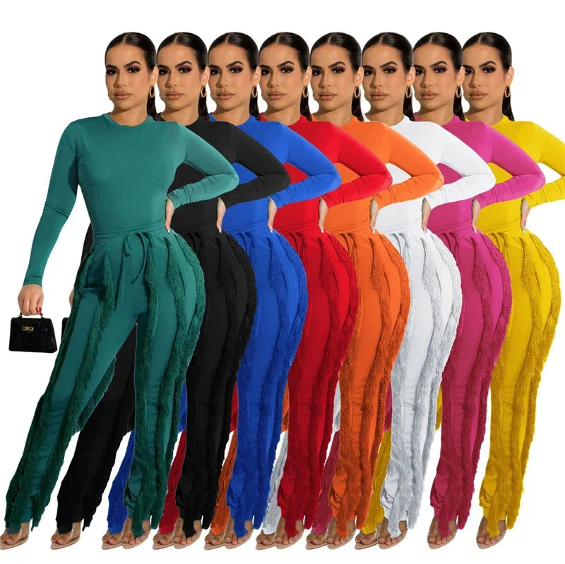 Elegant 2 Piece Sets Women Outfit 2025 Fall Winter Long Sleeve Bodysuit Top and Tassel Pants Matching Sets Ensembles Pantalons
