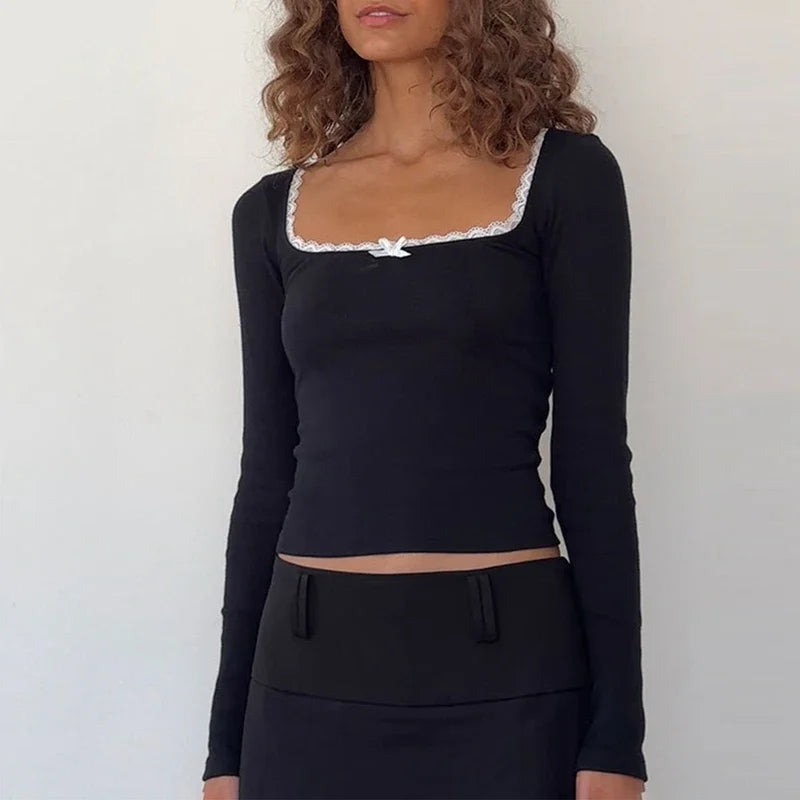 Women Y2k Crop Tops Autumn Spring Long Sleeve Square Neck Ribbed Slim Fitted T-Shirt Aesthetic Fairy Tees Tops Retro Streetwear