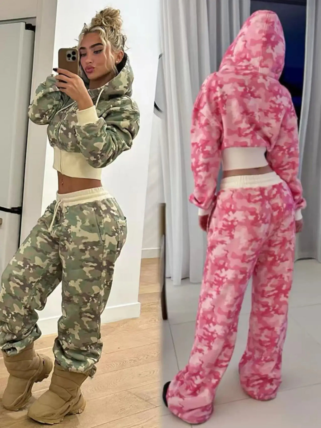 Women 2 Piece Sets Hooded Coat Straight Pants Camouflage Outfits Drawstring Zipper Jacket Tracksuit 2025 Streetwear Ensemble