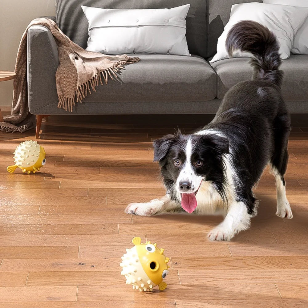 Bouncing Puffer Fish Dog Toy: Treat-Dispensing Chew-Resistant Ball for Dental Health - Fun for Corgi, Poodle, Golden Retriever