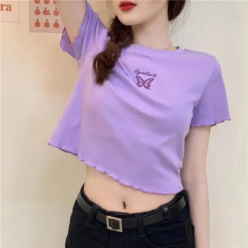 Y2K Crop Top T-shirt Women O-neck High Waist Slim Crop Top Butterfly Embroidered Short-Sleeved Tee Shirt T-shirts  Woman Clothes