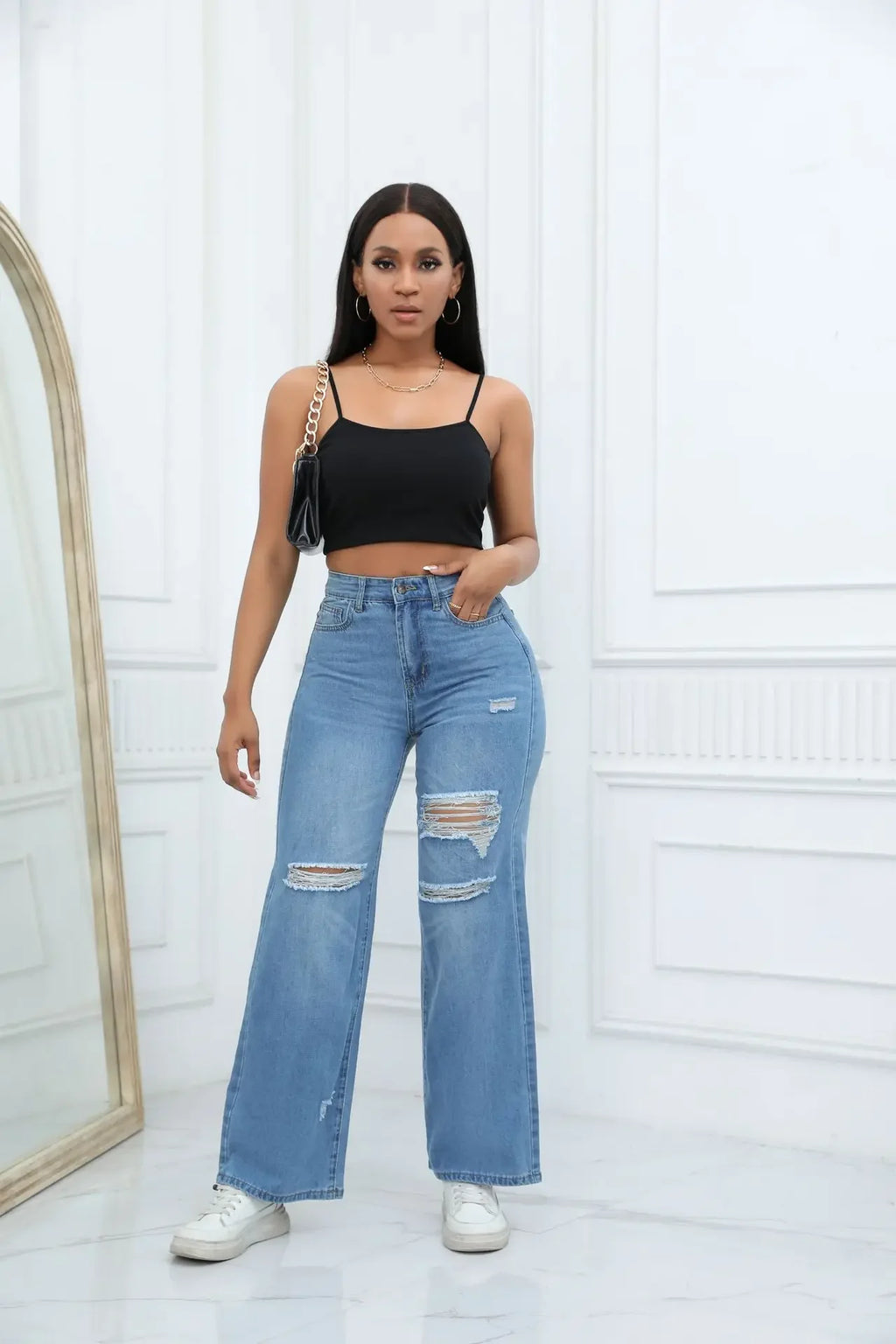 Women'S Ripped Boyfriend Jeans Draping Straight Leg Jeans Korea Ladies Stretch Hole Denim Trousers Button Pocket High Waist Pant