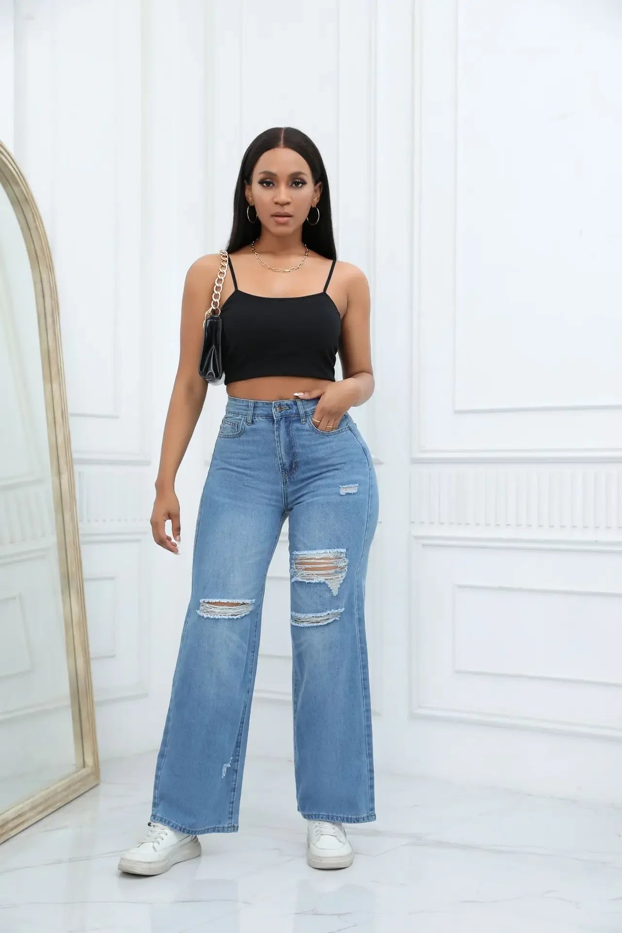 Women'S Ripped Boyfriend Jeans Draping Straight Leg Jeans Korea Ladies Stretch Hole Denim Trousers Button Pocket High Waist Pant