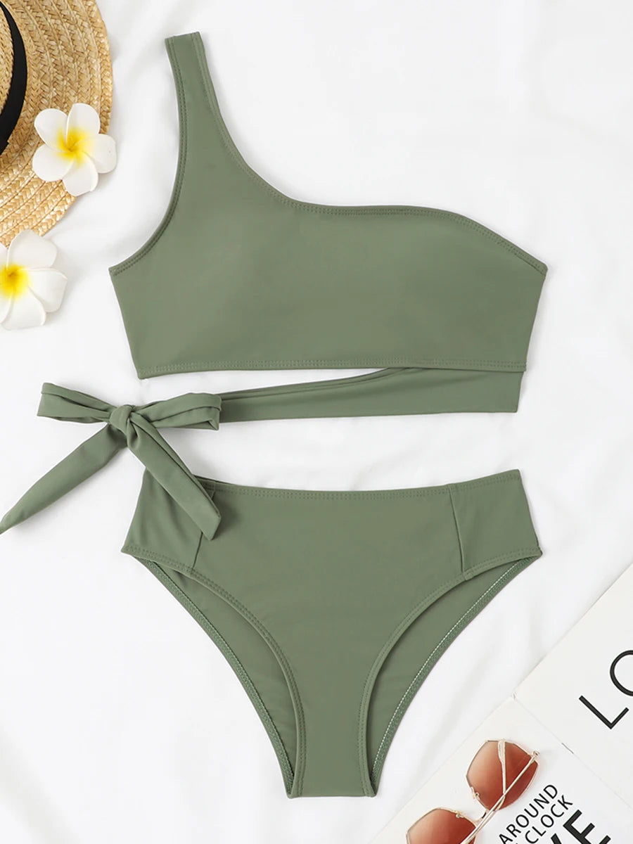 One Shoulder Bikini Set Sexy 2025 Swimsuit Women Solid Padded Swimwear Female Bathers Bathing Swimming Swim Suit Beachwear