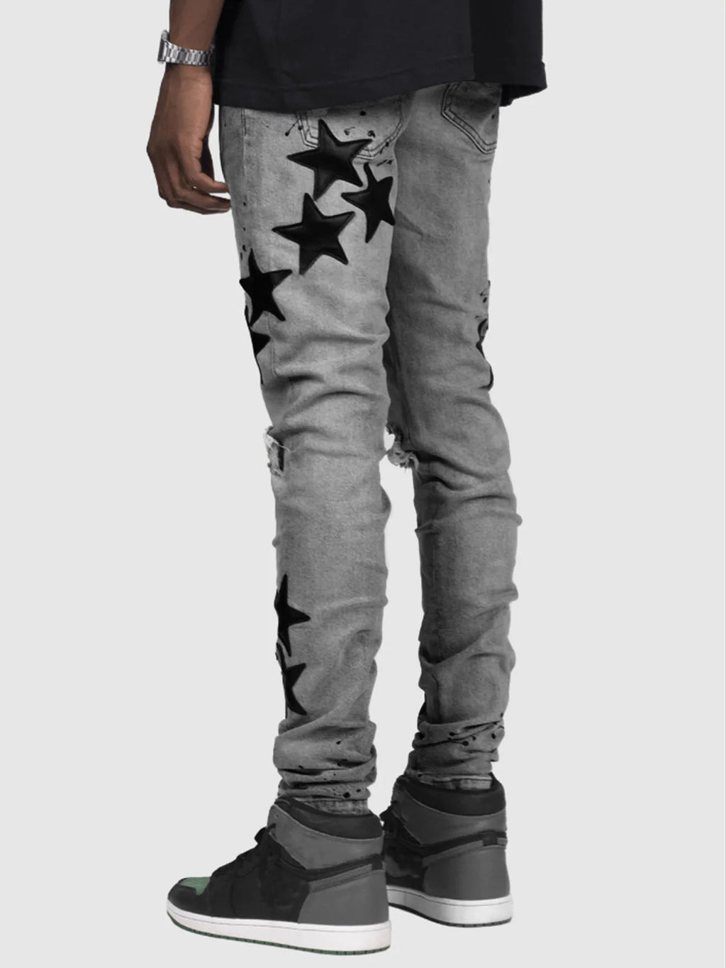 Ripped Men Jeans Denim Pant Star Mid Waist Slim Fit Vintage Wash Punk Style Skinny Pencil Pants Distressed Holes Ankle Length