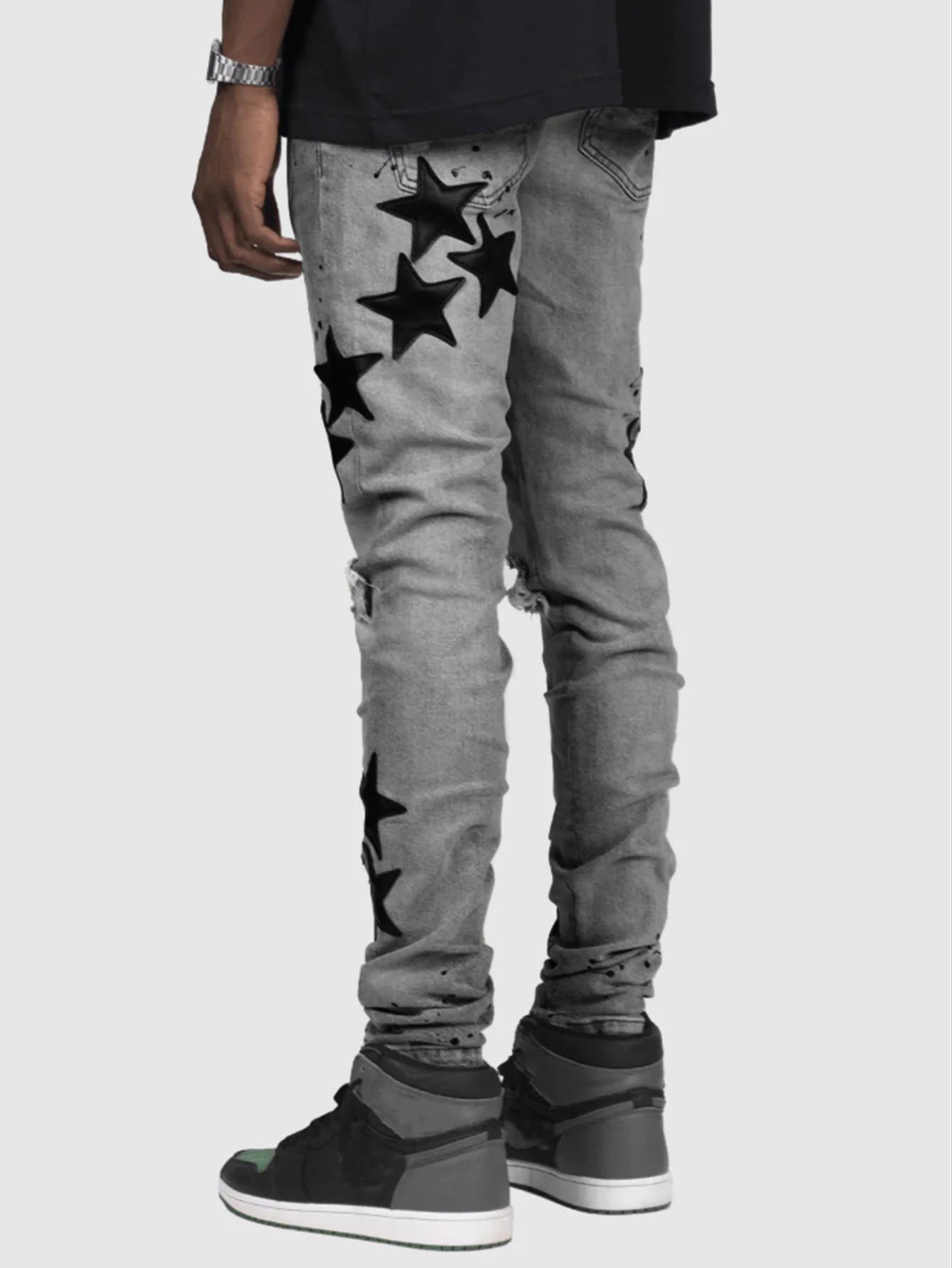 Ripped Men Jeans Denim Pant Star Mid Waist Slim Fit Vintage Wash Punk Style Skinny Pencil Pants Distressed Holes Ankle Length