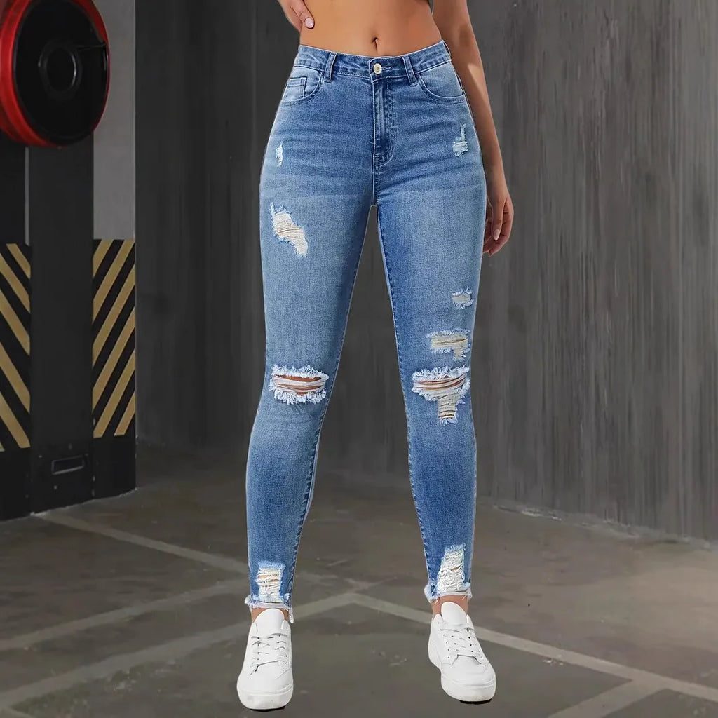Fashion Skinny Hole Jeans Women 2025 Autumn Stretchy High Waisted Ripped Slim Retro Solid Color Denim Trousers Pants