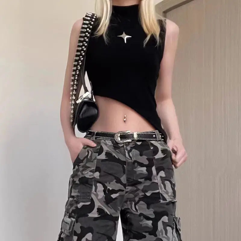 Y2K Crop Knit Top e-girl Women Sleeveless Asymmetrical Hem High Neck Stretchy Fitted Sweater Vest Summer 90s Outfit
