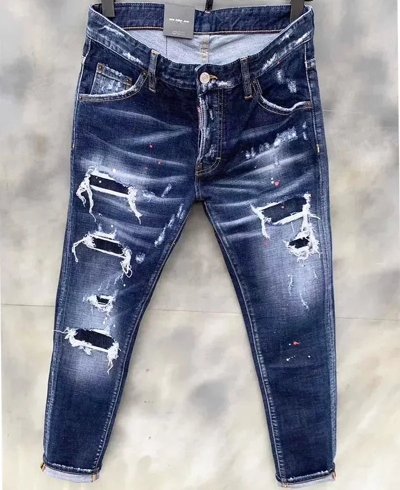 Men Ripped Skinny Denim Jeans Blue Holes Jeans Italian Style Stretch Denim Pants High Quality Male Slim Fit Denim Trousers  38
