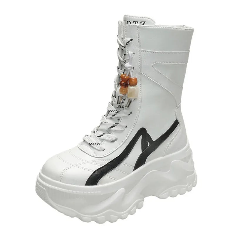 NEW Luxury Chunky Platform White Motorcycle Boots Women Lace Up Thick Bottom Ankle Boots Woman Autumn Fashion Vulcanized Shoes
