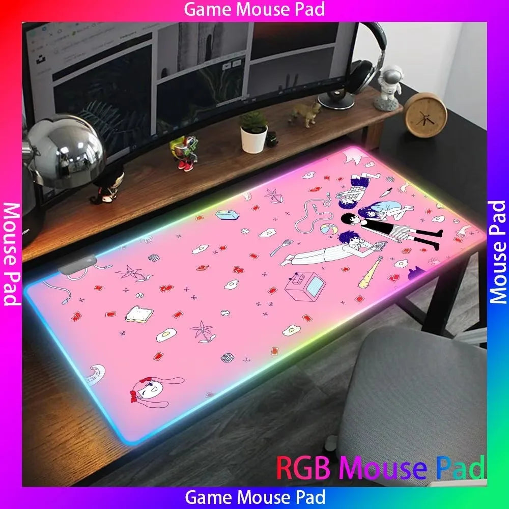 Hot Video Game O_omori RGB Mouse Pad LED Large Gamer Mousepads Luminous Kawaii Cute Deskmat High-end E-sports Keyboard Pad