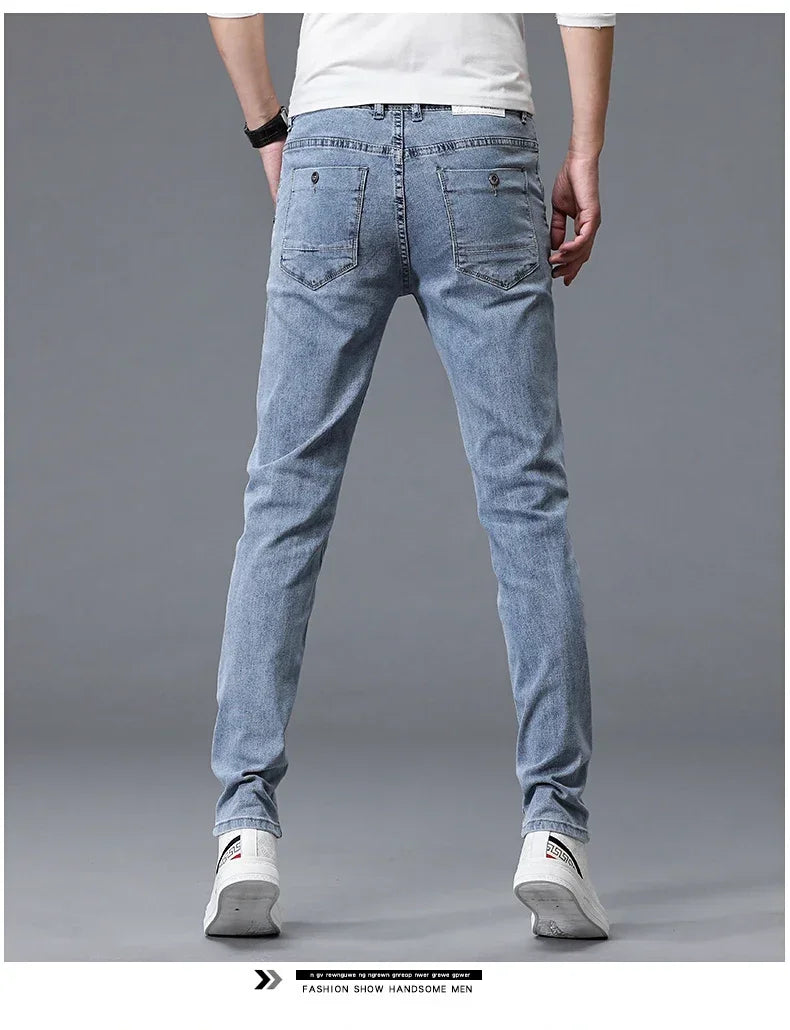 2024 New Men's Skinny Jeans Blue Gray Cotton Elasticity Straight Pencil Foot Slim Fit Fashionable Casual Denim Long Pants Male