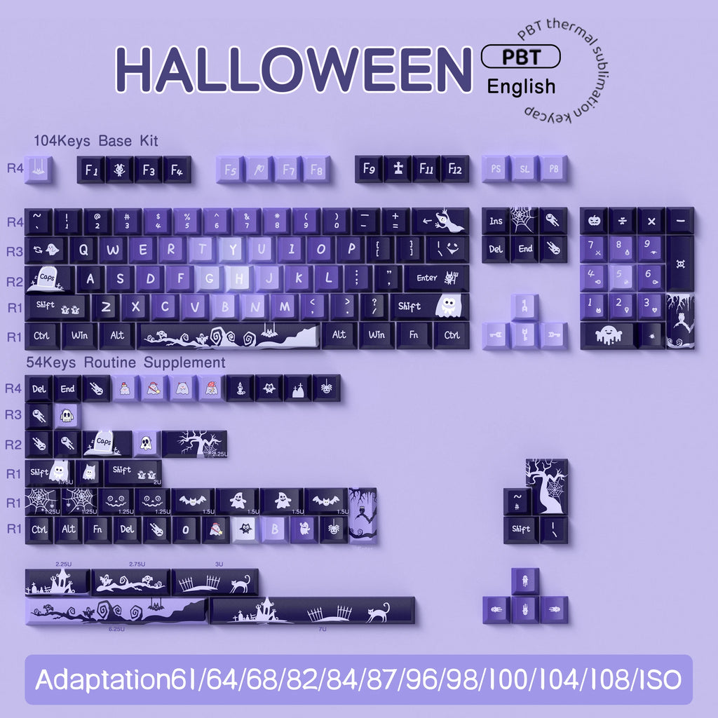 138/158 key with purple-black color scheme and anime-style keycaps, made of PBT material, with five-sided printing technology
