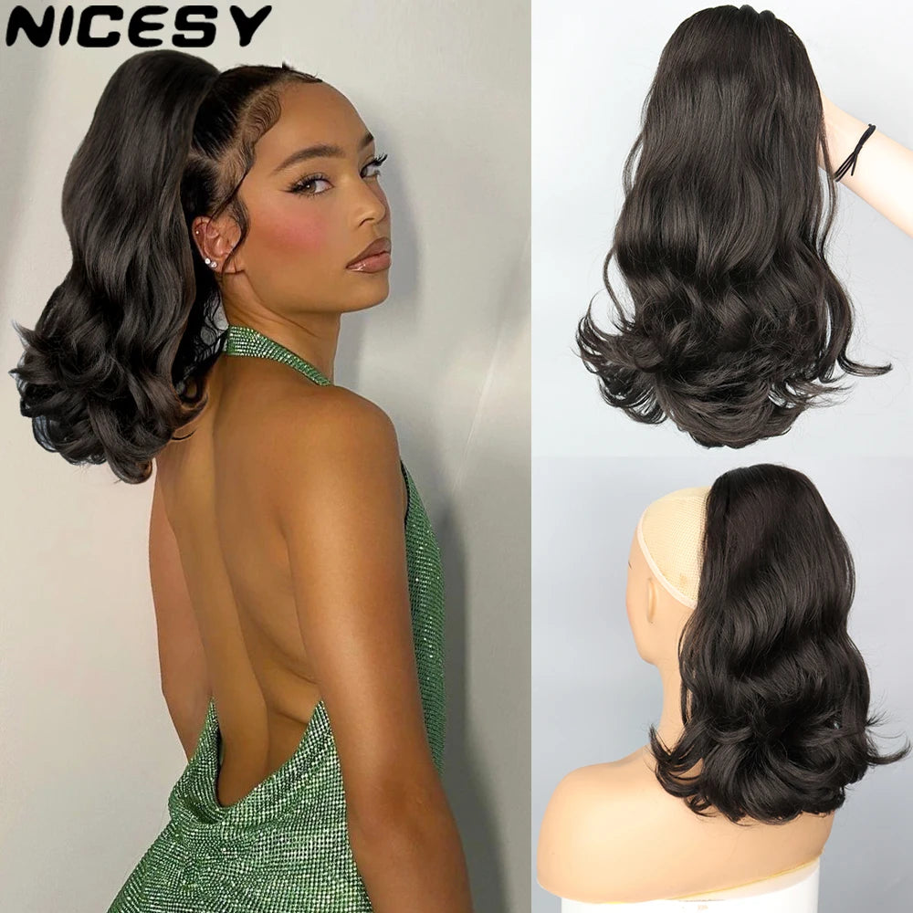 NICESY Synthetic Tail Warping 18" Kinky Drawstring Curly Ponytail Hairpiece With 2 Clips Hair Extension Black For Women