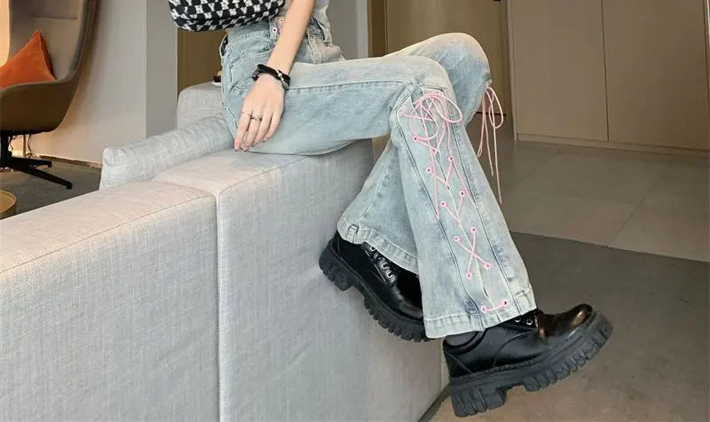 Y2k Pink Fashionable Lace-up Flared Jeans Autumn New High Waist Bootcut Denim Pants Female Clothing Korean Slim Vintage Trousers