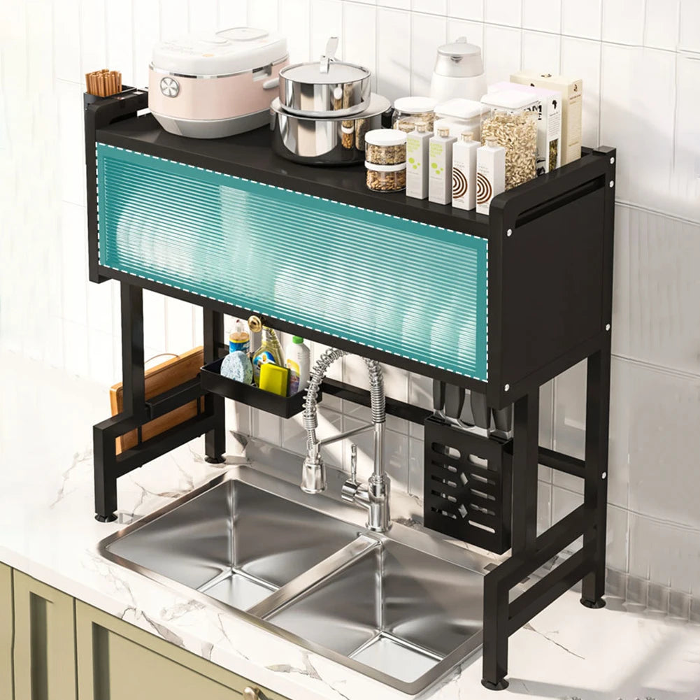Kitchen Drain Shelf 3-Tier Multi-Functional Kitchen Storage Rack Kitchen Sink Organizer Large Over The Sink Dish Rack with Cover