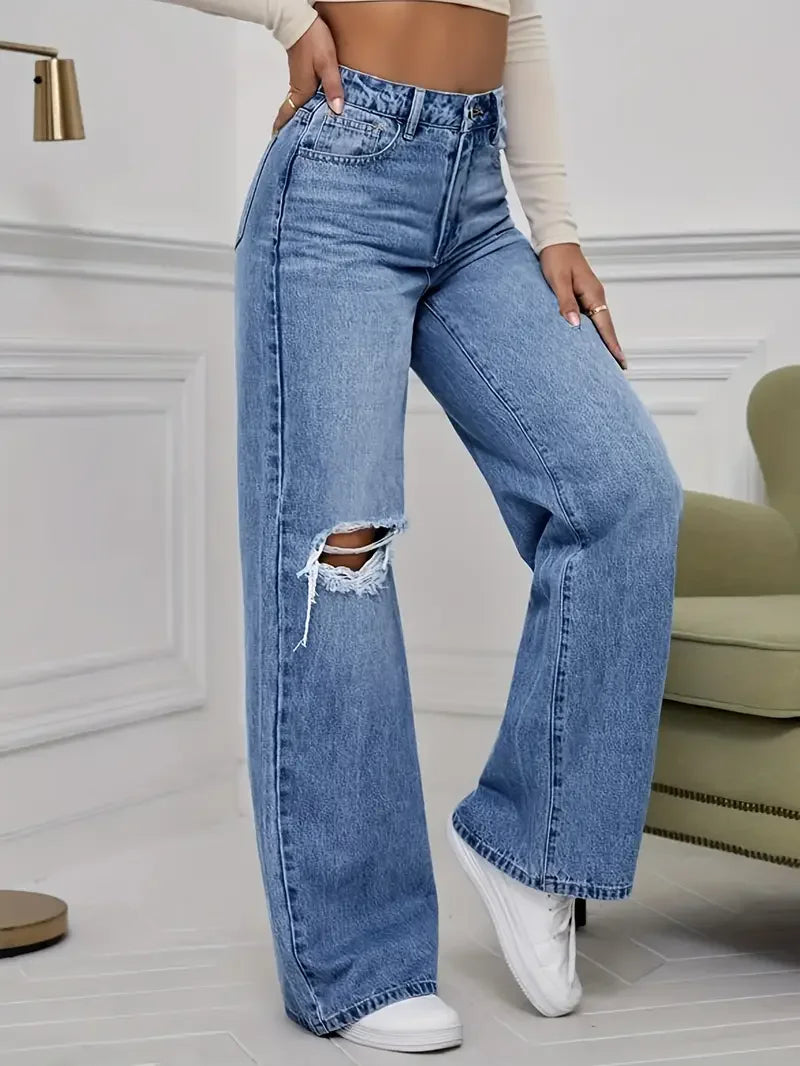Denim Pants Women's Jeans Wide Leg Vintage Distressed Ripped Trousers 2026 Streetwear Washed Pockets Floor Length Hole Jeans