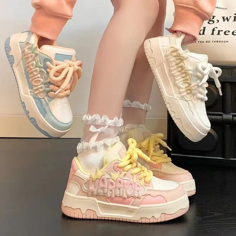 2025 Sweet Platform Shoes Chunky Sneakers for Women Faux Leather Aesthetic Shoes Alphabet Elements Thick Trainers Blue Sneakers