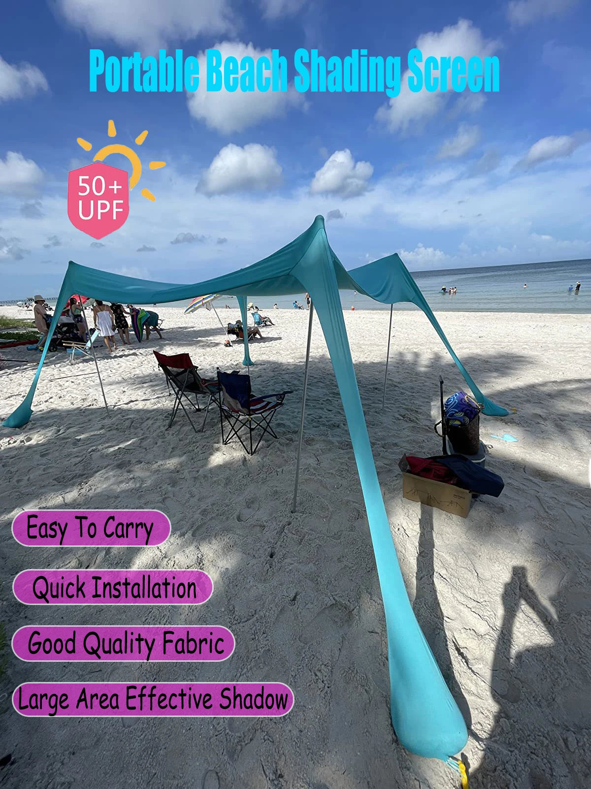 Family Ultralight Beach Awning, Sun Shade Tent with Sandbag, UPF50 + UV Portable Canopy, 2.1m * 1.6m