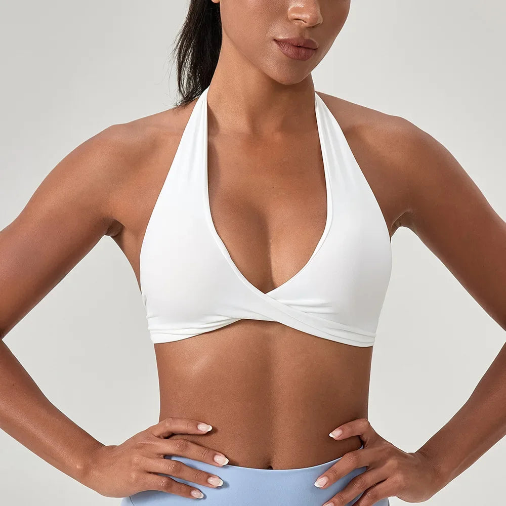 Strappy Bra for Women Open Back Halter Sports Bra Light Support Gym Crop Top Seamless Workout Yoga Top Bra Padded Bras