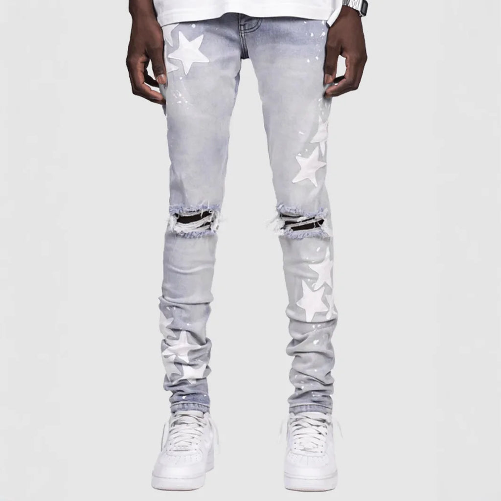 Ripped Men Jeans Denim Pant Star Mid Waist Slim Fit Vintage Wash Punk Style Skinny Pencil Pants Distressed Holes Ankle Length