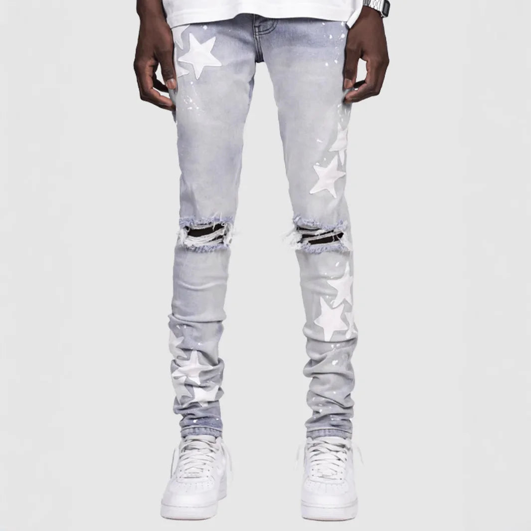 Ripped Men Jeans Denim Pant Star Mid Waist Slim Fit Vintage Wash Punk Style Skinny Pencil Pants Distressed Holes Ankle Length