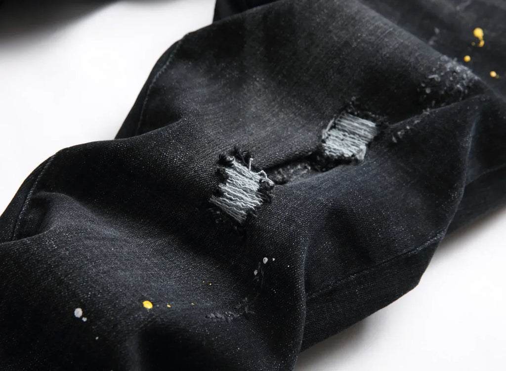 Men Black Ripped Denim Jeans Italian High Street Style Holes Jeans Denim Pants High Quality Male Slim Fit Denim Trousers Size 38