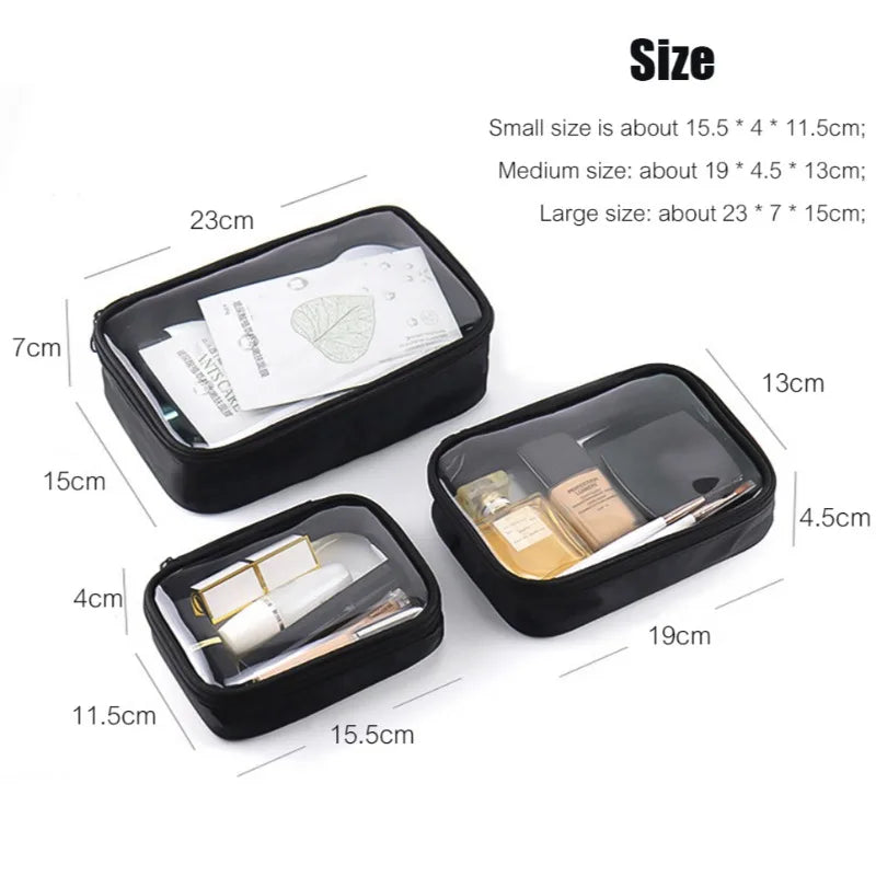 Waterproof Cosmetic Bag Transparent TPU Small Items Pack Makeup Toiletry Zipper Opening Storage Pouch Black Sturdy Wash Bags
