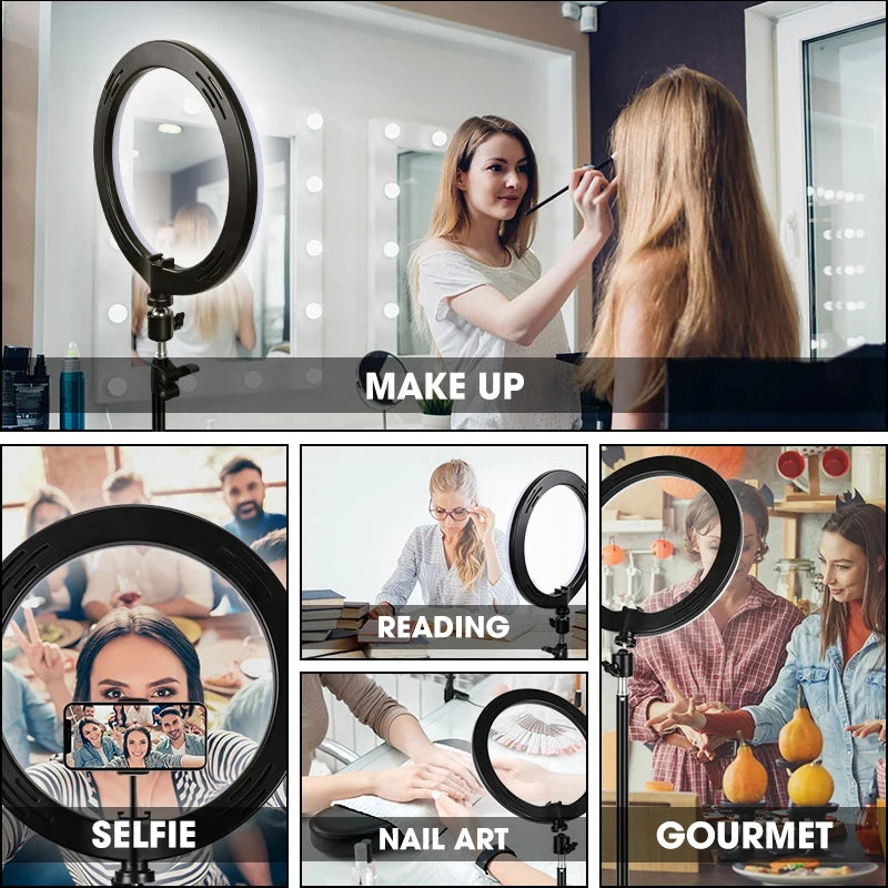 16/26/33cm LED Photography RingLight 3 Modes Dimmable Selfie Ring Light with Phone Stand For Tiktok Video Live Makeup Fill Lamp