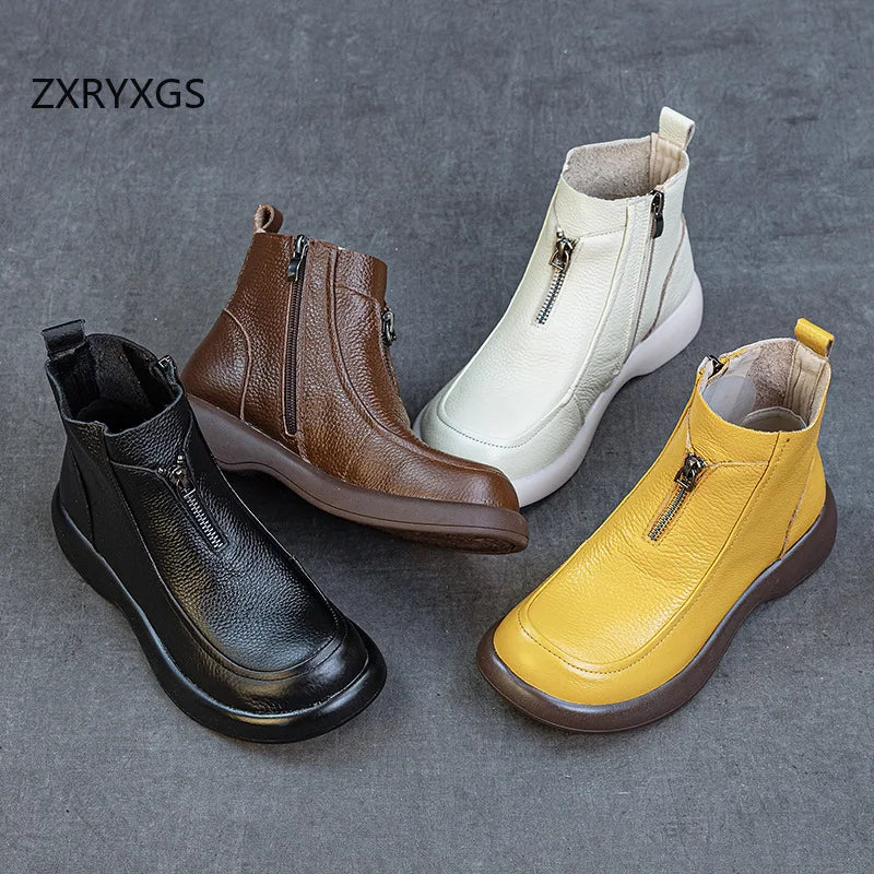 ZXRYXGS 2025 Autumn Winter Boots Women's Genuine Leather Boots Flat Heel Soft Sole Non-Slip Comfortable Short Boots Trendy Shoes