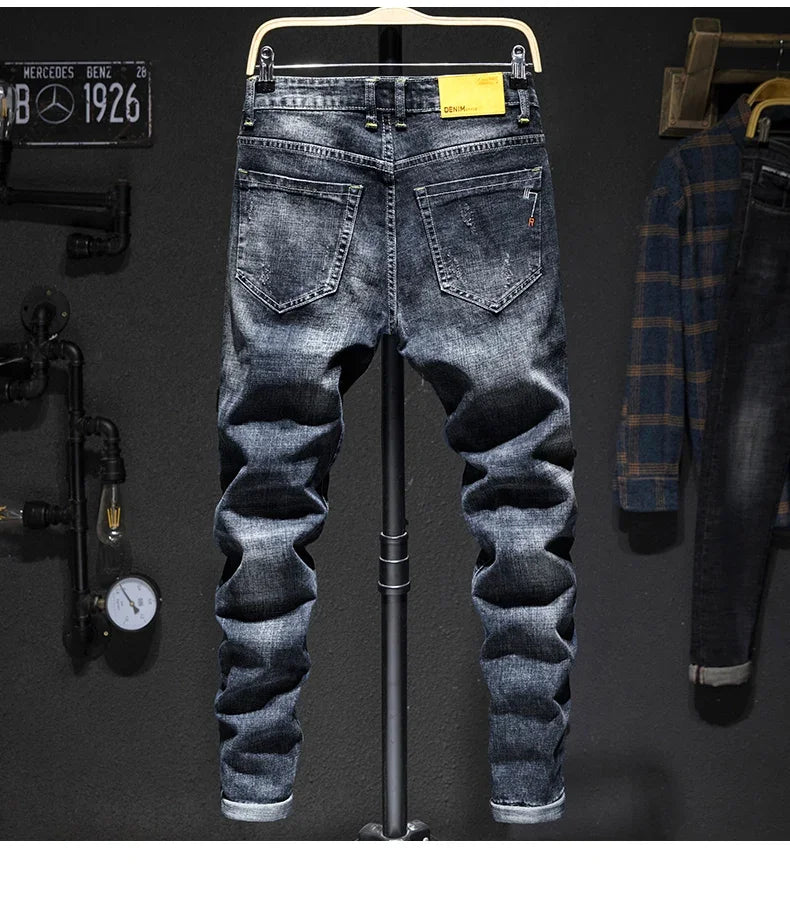 Men's Ripped Jeans Streetwear Personality Trendy Korean Fashion Slim Beggar Holes Denim Pants Stretch Casual Male Trousers
