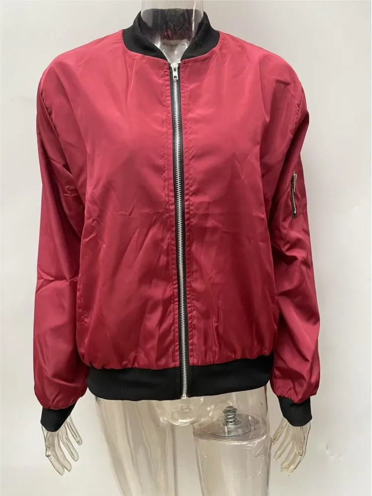 Women Bomber Casual Jacket 2025 Spring Autumn Solid Color Spring Coat Long Sleeve Stand Collar Zipper Basic Motorcycle Jackets