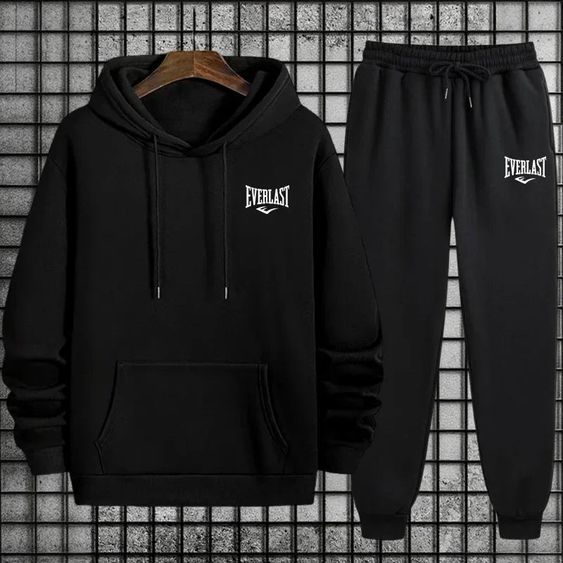 New Everlast Men's Sportswear Hooded Sweatshirt and Black Sweatpants Autumn/Winter Urban Leisure Fashion Warm Sports Set