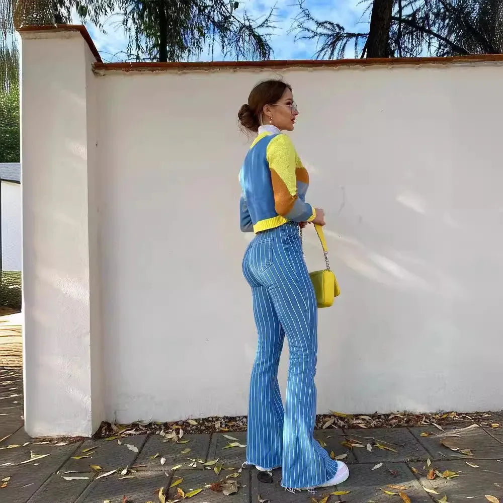 American Style Retro High-waisted Striped Skinny Jeans Female New Autumn Spice Girl Slimming Microhorn  Long Pants Jeans Y2k
