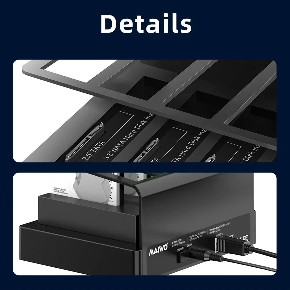 MAIWO 4 Bay Hard Drive Docking Station for 2.5/3.5 Inch HDD SSD SATA To USB 3.0 HDD Docking Station with 12V3A Power Adapter