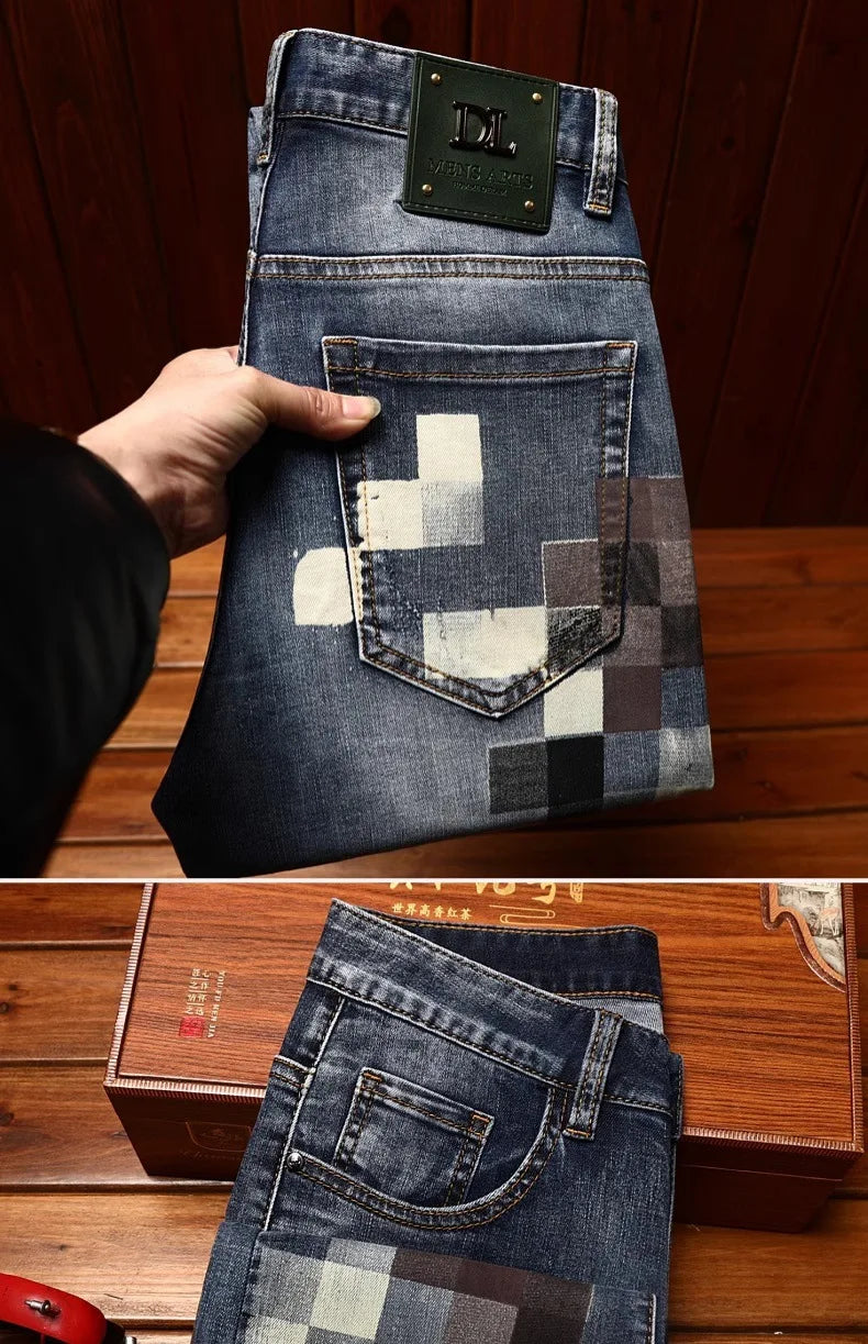 Trendy design mosaic printed jeans for men's fashionable summer thin casual and handsome elastic denim slim fit small leg pants