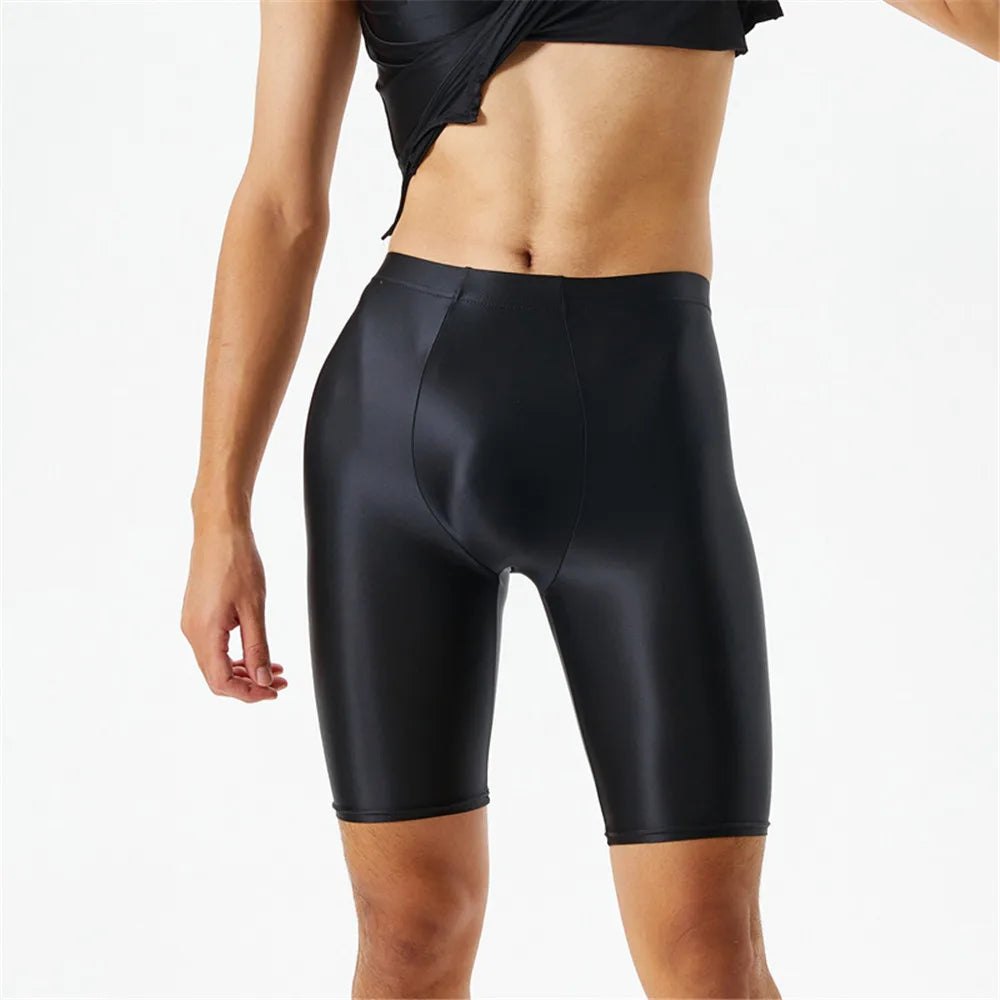 Men Oil Shiny Shorts gym Shapewear Ice Silk High Elastic Sexy Boxer Tight Shape U Pouch Sheath Man Shorts Smooth Candy Color