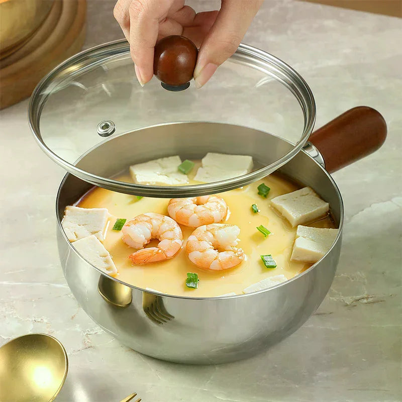 Stainless Steel Milk Pot With Wooden Handle, Compact Cooking Pot, Suitable For Frying Eggs And Heating Milk. Made Of Stainless S