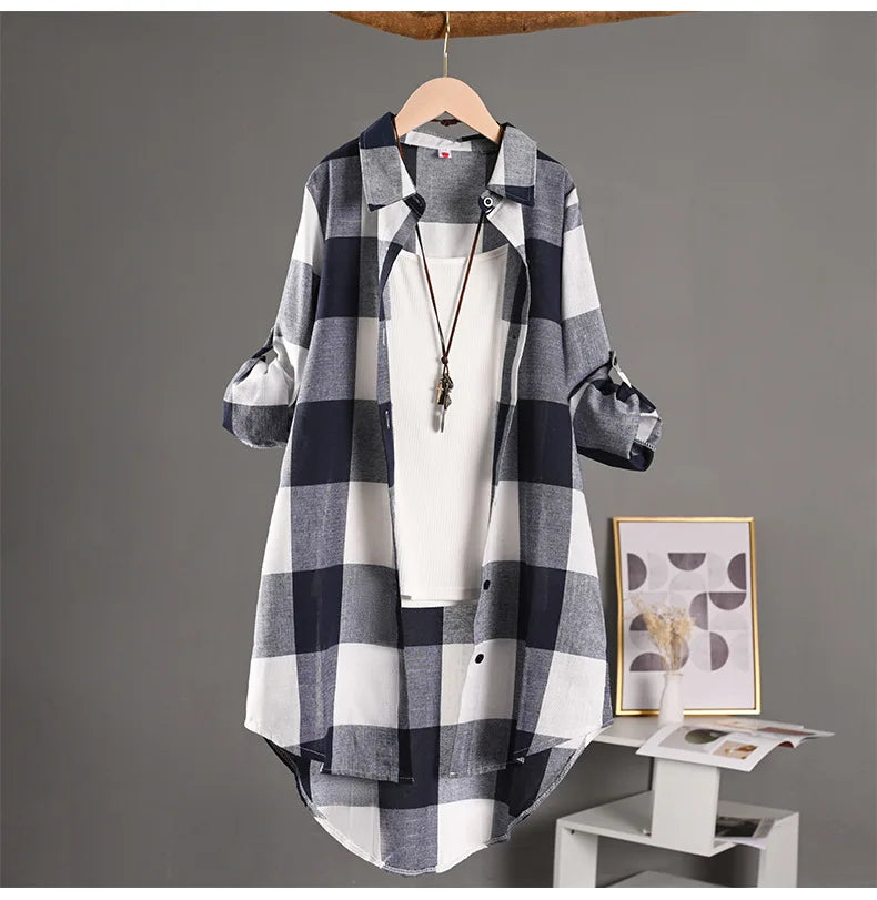 Women's Plaid Shirt Casual Blouses Woman Tops for Women Long Sleeve Long Sleeve Shirts Chic Blouse Check Linen Cotton Clothing