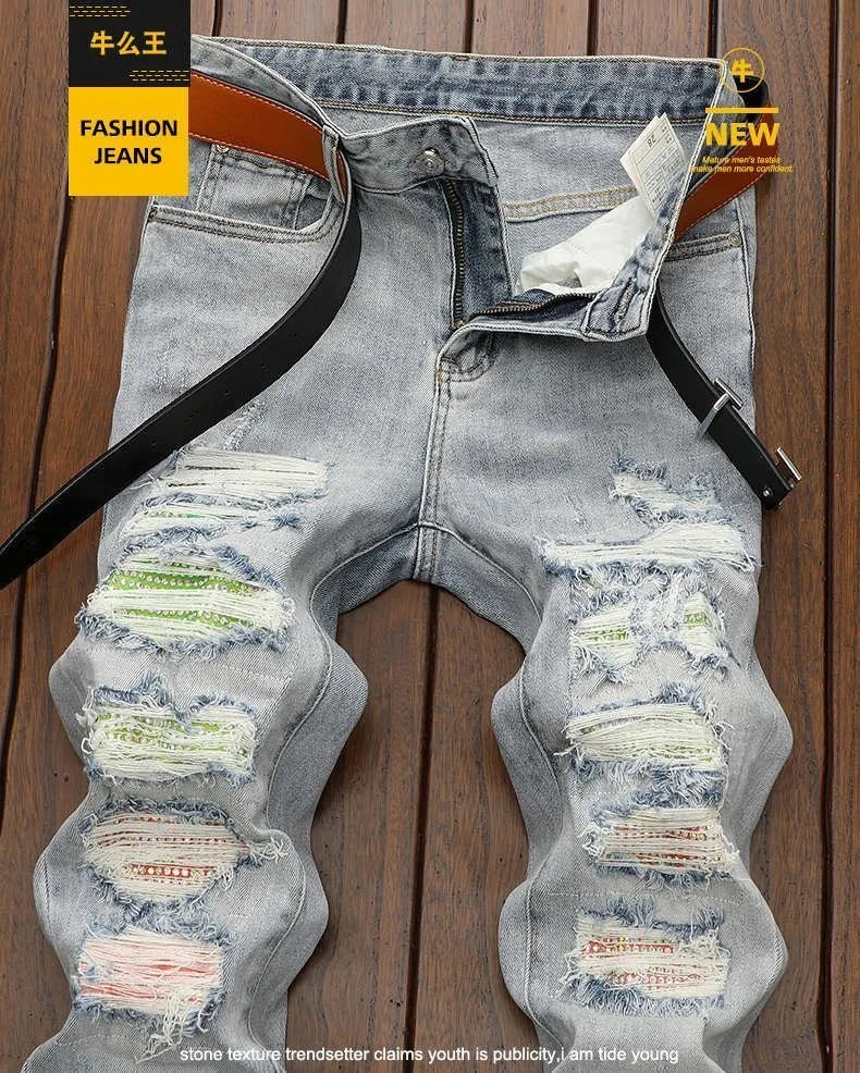 Spring and Autumn New Fashion Trend Sports Ripped Stretch Straight Leg Jeans Men's Casual Slim Breathable High-Quality Jeans